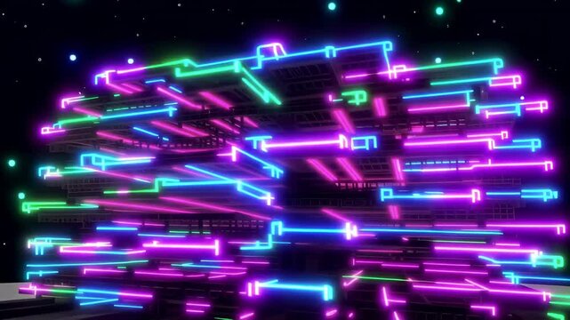 Futuristic microchip assembly transforms into glowing neon data architecture over a circular platform in a stylized digital technology animation