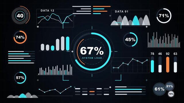 Futuristic digital interface with glowing data charts and graphs in a dark environment