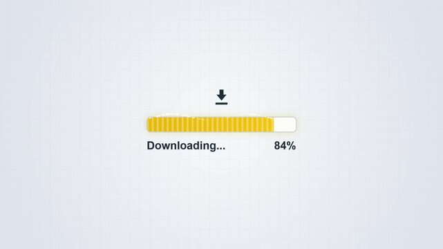 A progress bar shows 84 percent completion with a download icon indicating file transfer activity on a tech interface.
