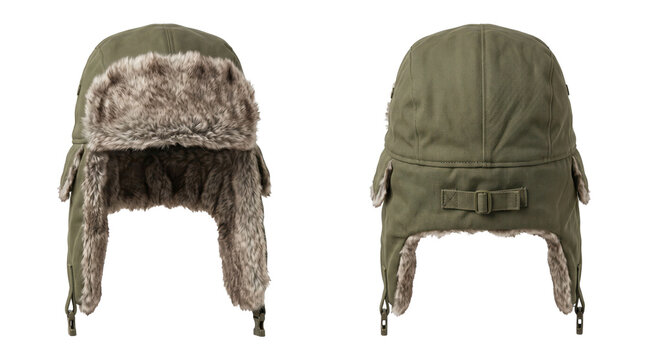 Olive winter trapper hat with faux fur shown from front and back on transparent background. Cold weather headwear. Outdoor apparel and winter clothing. Two view product reference