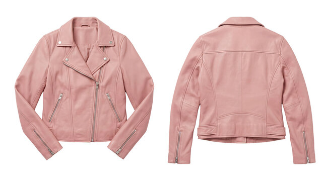 Pink leather biker jacket shown from front and back on transparent background. Womens fashion apparel. Motorcycle inspired outerwear. Product catalog and online retail