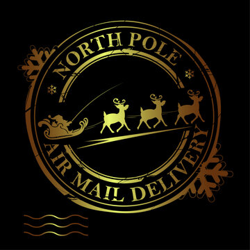 Merry Christmas. A gold round stamp with a silhouette of Santa Claus in a sleigh with reindeer