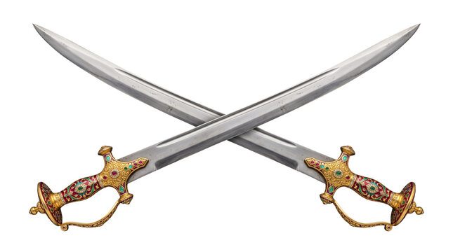 Two ornate traditional indian swords crossed isolated on transparent background