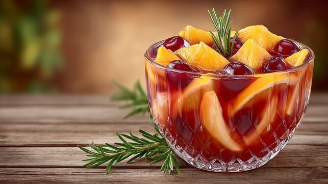 A glass bowl filled with sangria, orange slices, cherries, and fresh rosemary sprigs resting on a wooden table.Culinary blogs, cocktail recipe websites, restaurant menu cards, holiday party portals