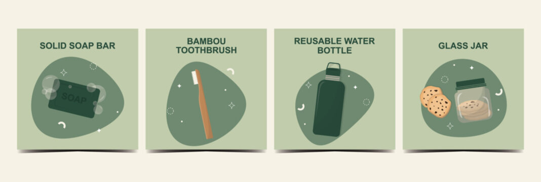 Set of four square zero waste cards showing a solid soap bar, bamboo toothbrush, reusable water bottle and glass jar with cookies, for eco tips and social media. Eco products. Vector illustration