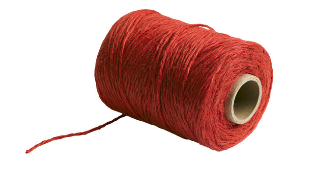 Red jute twine spool with natural fiber texture and cardboard core