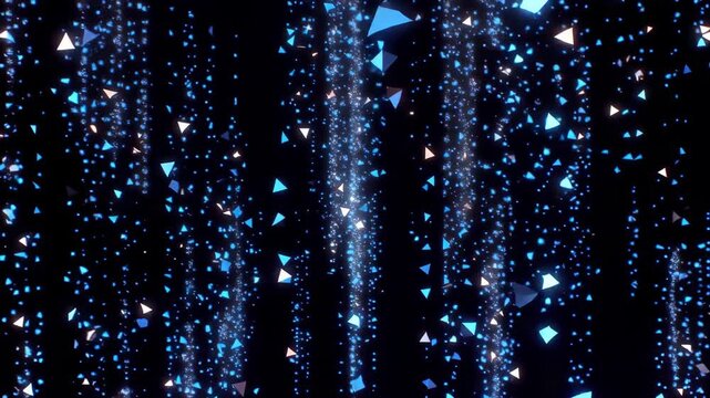 Abstract digital animation of glowing blue particles and geometric fragments cascading through dark space as a futuristic technological background