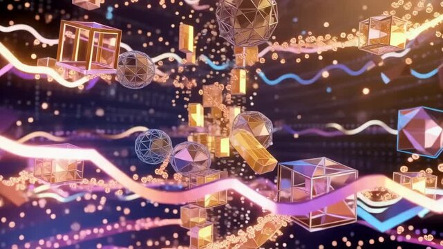 Abstract animation of geometric spheres, cubes, glowing particles, and flowing ribbons moving through a colorful futuristic digital space