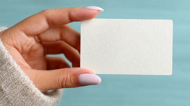 Close-up of a female hand holding a blank white textured business card or paper mockup against a light teal background.