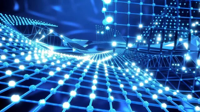 Abstract blue digital network landscape with glowing nodes, flowing data grids, geometric waves, and luminous connections in futuristic technology animation