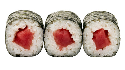 Three fresh tuna maki sushi rolls with white rice and dark nori seaweed wrap © Eike