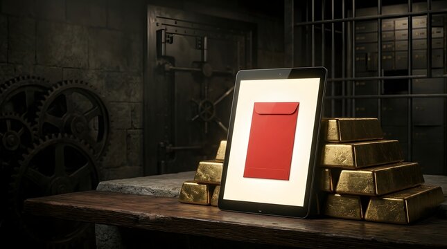 Digital tablet displaying red envelope on wooden table inside dark vault with gold bars