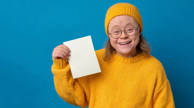 Smiling young woman with Down syndrome wearing a yellow beanie and sweater, holding a blank white sign on a blue studio background for social awareness campaigns, educational platforms
