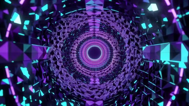 Abstract geometric tunnel of glowing purple, blue, and cyan fragments forming concentric rings and flowing toward a central circular opening in a digital animated space