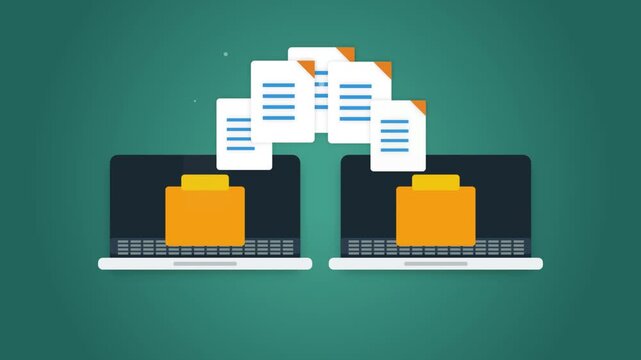 Two laptops display open folders with documents stacked in a pyramid shape symbolizing organization and productivity.