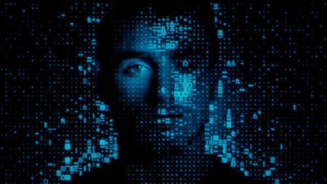 Male Face made of Encrypted Code, symbolising Online Identity Concept.