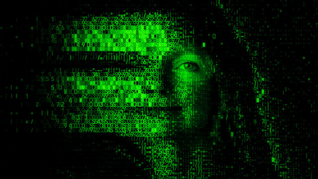 Woman's Face made of Encrypted Code. Stolen Personal Data Concept.