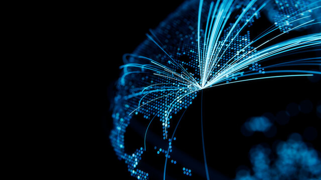 Arcing Lines from New York, USA on Digital Terrestrial Globe made of Luminous Blue Hexagonal Pixels. Cloud Computing Concept.