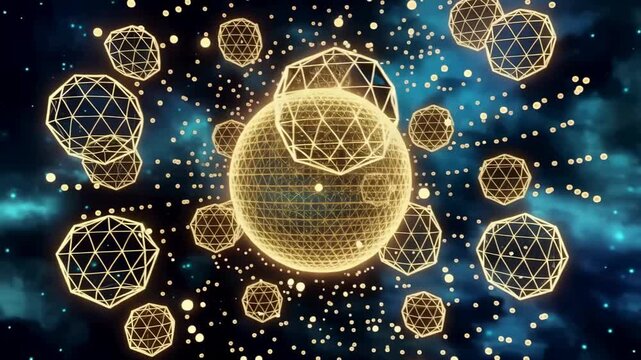 Glowing wireframe spheres and geometric polyhedra orbiting a luminous central globe through a dark blue cosmic environment in abstract digital animation
