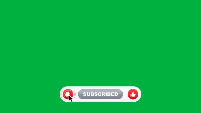 Animated subscribe button with notification bell and like icon, cursor clicks on green screen background