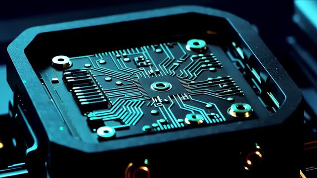 Futuristic electronic circuit board with glowing turquoise traces and metallic connectors viewed in close detail inside a dark technological housing