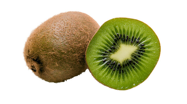 Whole brown fuzzy kiwi fruit and a fresh sliced green kiwi half