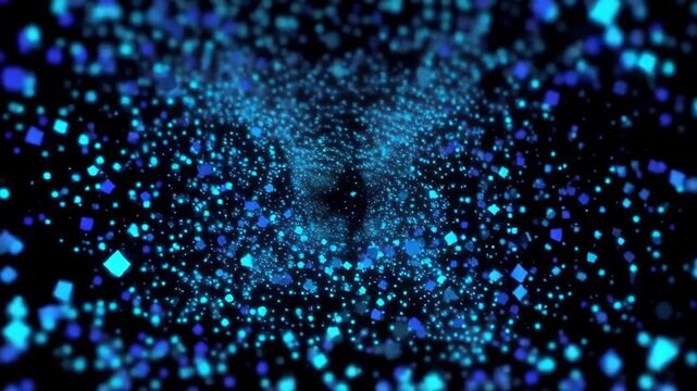 Glowing blue geometric particles and cubes swirling through a dark abstract tunnel, creating dynamic depth and motion in a futuristic digital animation background