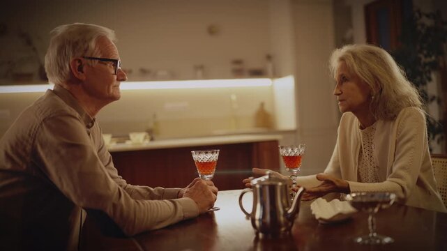 Family scenery, old man and woman drinking red wine in home kitchen at night. Calm weekend evening of elderly spouses, wife and husband sitting together in room and chatting cheerfully, remember life