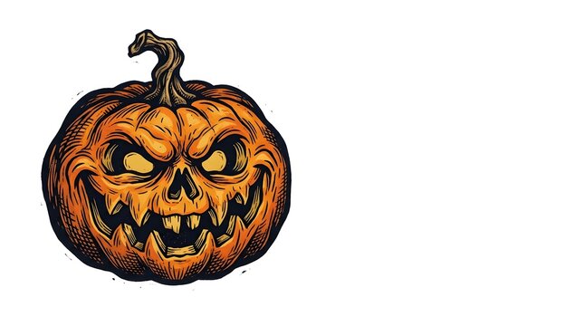Vintage woodcut style illustration of a scary Halloween jack-o-lantern with glowing eyes and sharp teeth.