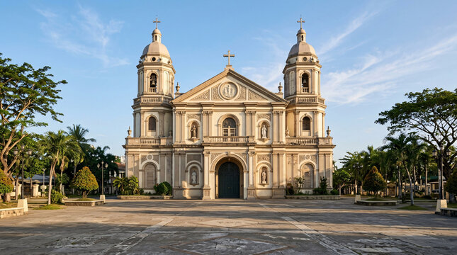 Grand historic Christian church facade with twin bell towers, crosses, ornamental details, and an open plaza