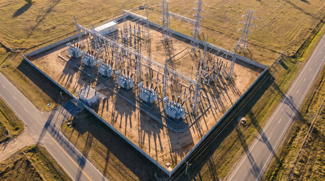 Aerial grid electrical substation with transformer equipment and power lines. Industrial energy power utility supply transmission distribution infrastructure system