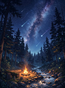 Campfire glowing by mountain river under starry night sky with