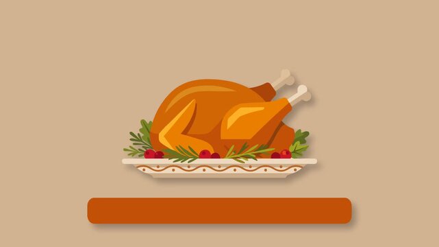 Roasted Thanksgiving Turkey On Platter Graphic Animation With Copy Space Banner.