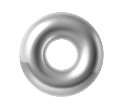 3D silver torus shape of chrome metal, donut ring or ball with hole icon. 3D silver steel circle bead object of metallic glossy fluid iron or platinum, realistic element design of lead or aluminum,