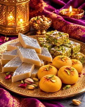 Traditional Indian sweets including silver-foiled barfi and yellow ladoo arranged on a metallic platter under warm candlelight.