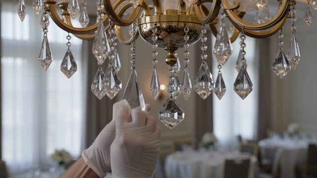 A gloved worker wipes a crystal piece hanging from a chandelier in a dining room during the day, with tables and windows in the background