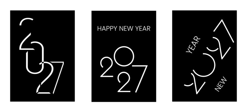 2027 New Year Cards Minimalist Black and White Typography Set