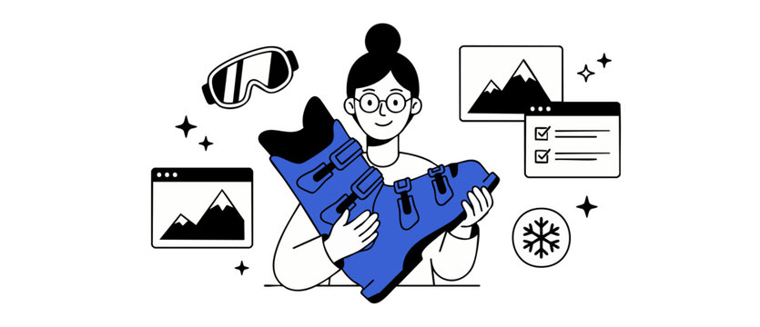 Ski trip packing vector illustration featuring woman holding blue ski boot, goggles, mountain travel checklist, snowflake icon, online booking UI isolated on white background for winter sports trip.