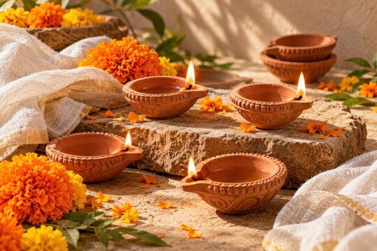 Traditional clay diya lamps glow with warm flickering flames amidst vibrant orange marigold flowers and white fabric on a stone surface celebrating a festive holiday.