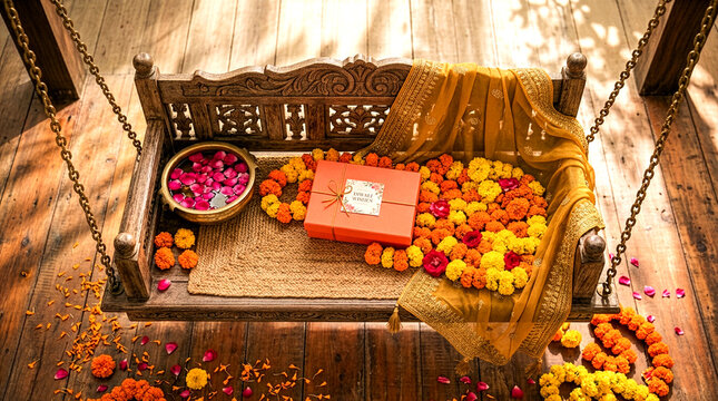 Traditional Indian Festival Gift Box on Wooden Swing with Marigold Floral Decoration