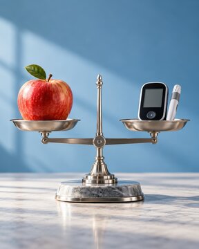 Diabetes management tools sit on a metallic scale, balancing a fresh red apple against a modern glucose meter on a textured marble surface.