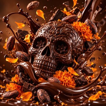 Chocolate skull decorated with intricate carvings emerges from a glossy brown liquid splash adorned with bright orange marigold petals.