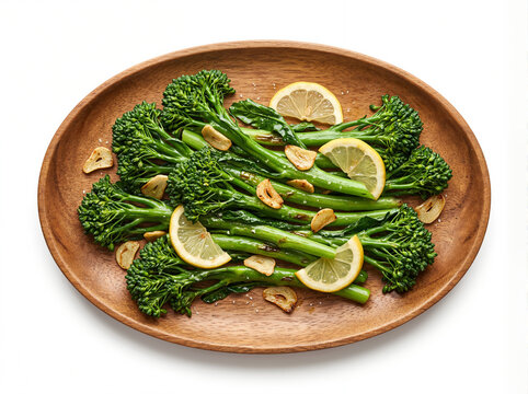 Sauteed broccolini with garlic and lemon slices served on a wooden plate on white background