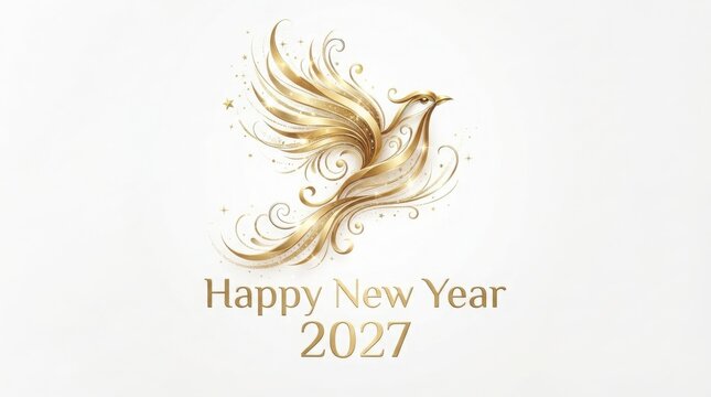 Elegant golden phoenix bird for Happy New Year 2027, luxury gold firebird illustration, festive 2027 celebration graphic with sparkles isolated on White Background