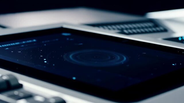 Finger taps glowing circular interface on tablet before hand moves to laptop keyboard, showing connected digital devices in a dark modern workspace
