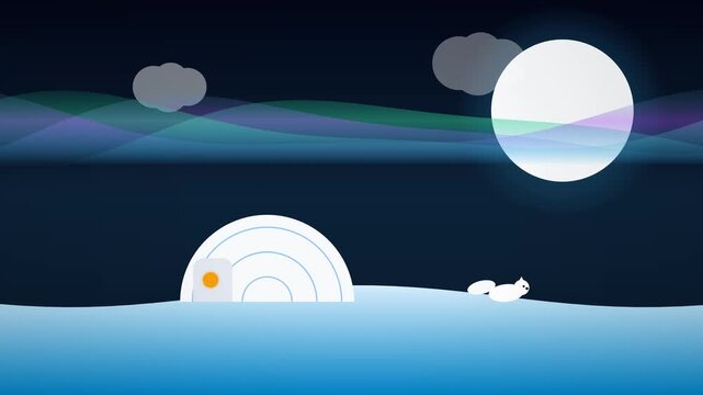 Arctic Igloo under Dancing Aurora Borealis with Roaming Bushy-Tailed Arctic Fox