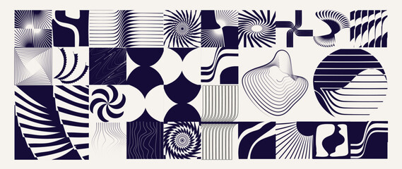 Plakat Abstract Geometric Vector Pattern Collection with Navy Blue Optical Art, Hypnotic Spirals, Flowing Curves, Striped Waves and Contemporary Monochrome Graphic Tiles