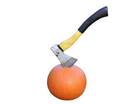 axe stuck in pumpkin isolated on transparent background