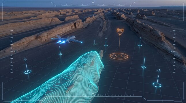 UAV flight telemetry geospatial lidar topographic map yardang field deflation corridor wind ridges glowing cyan contour lines digital terrain radar HUD interface autonomous flight navigation mesh