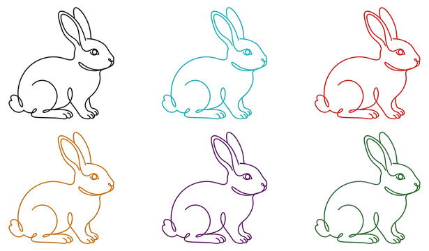 Set of six cute bunny rabbit line art illustrations in various colors for easter and spring design projects